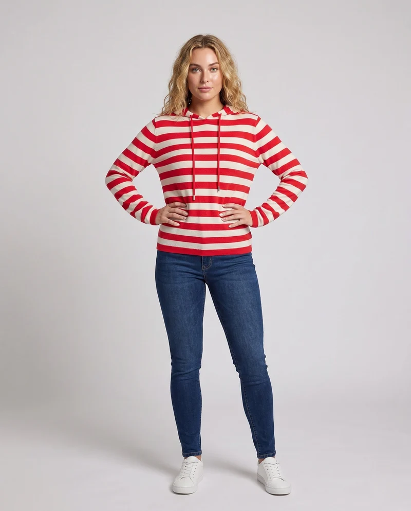 Damen Gestreifter Kapuzenpullover aus weichem Feinstrick mit lässiger Passform Nord Taschen