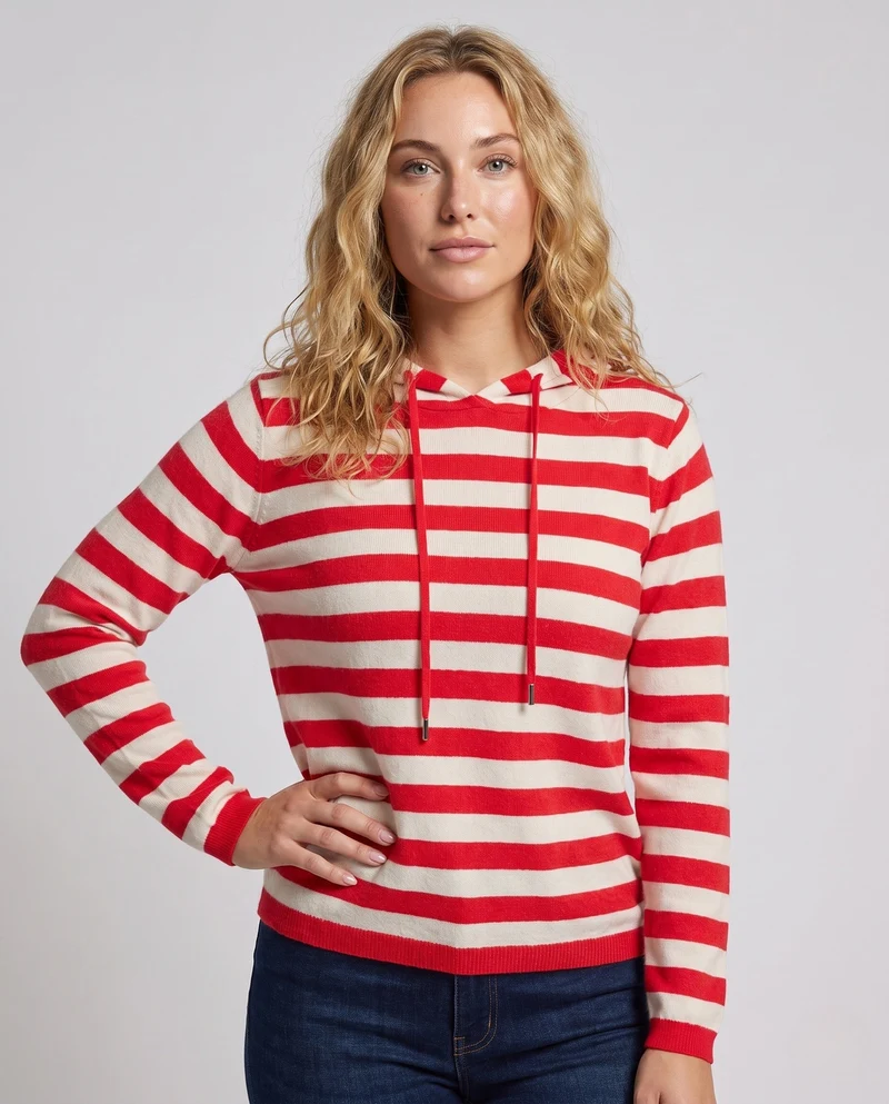 Damen Gestreifter Kapuzenpullover aus weichem Feinstrick mit lässiger Passform Nord Taschen
