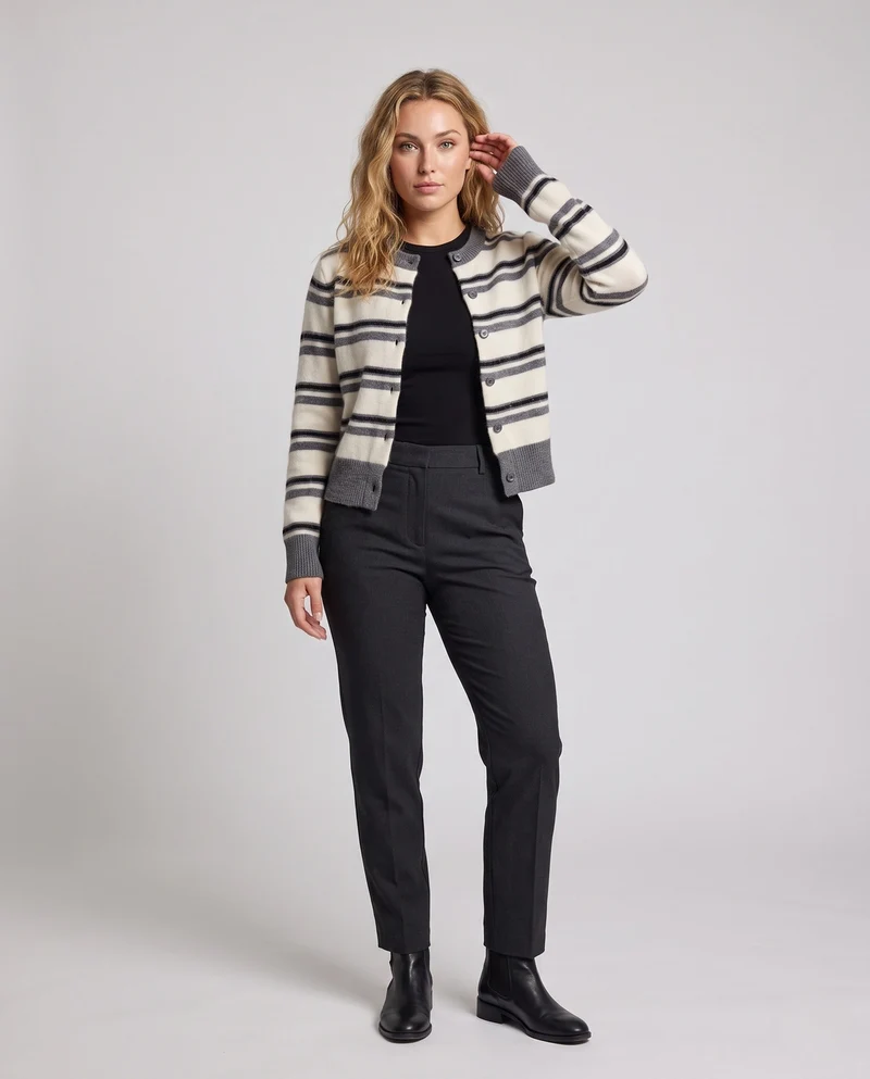Damen Gestreifter Kurzcardigan im Retro‑College‑Look aus softem Wollmix mit Kontrastbündchen Nord Taschen