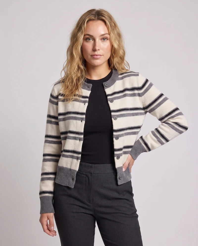 Damen Gestreifter Kurzcardigan im Retro‑College‑Look aus softem Wollmix mit Kontrastbündchen Nord Taschen