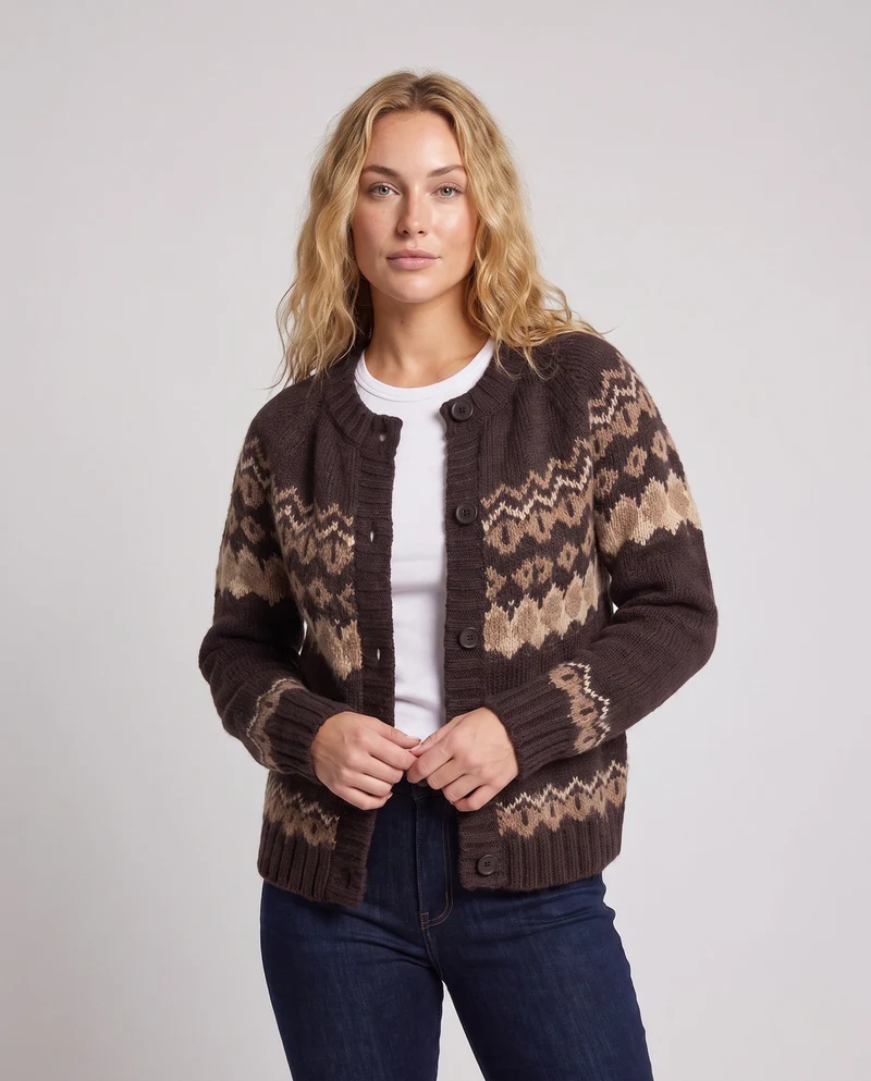 Damen Gestreifter Grobstrick‑Cardigan mit Norwegermuster und Knopfleiste Nord Taschen