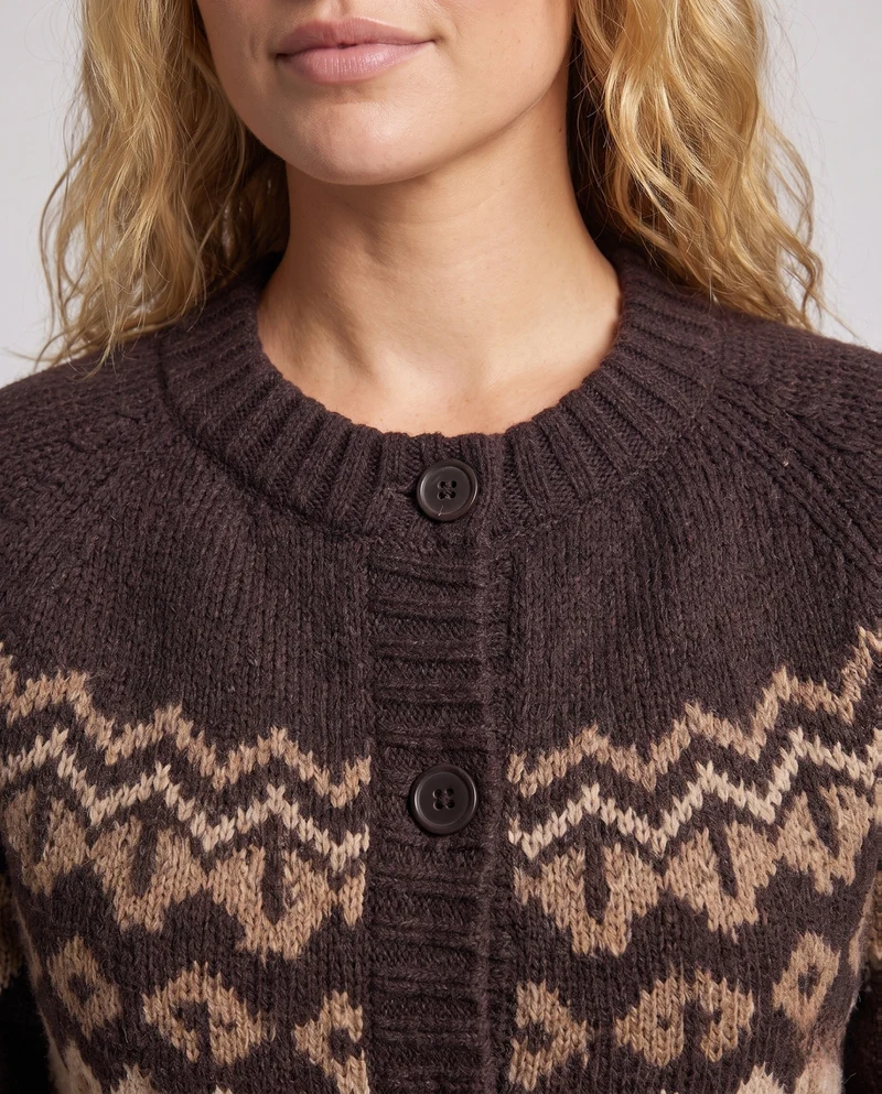 Damen Gestreifter Grobstrick‑Cardigan mit Norwegermuster und Knopfleiste Nord Taschen