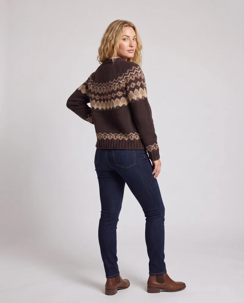 Damen Gestreifter Grobstrick‑Cardigan mit Norwegermuster und Knopfleiste Nord Taschen