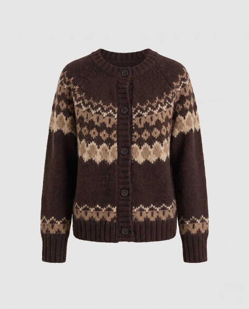 Damen Gestreifter Grobstrick‑Cardigan mit Norwegermuster und Knopfleiste Nord Taschen