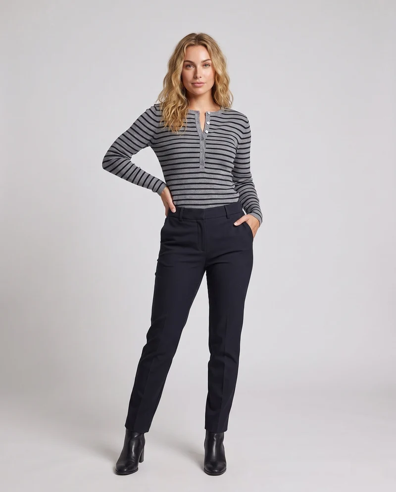 Damen Gestreifter Henley-Feinstrickpullover mit Knopfleiste Nord Taschen