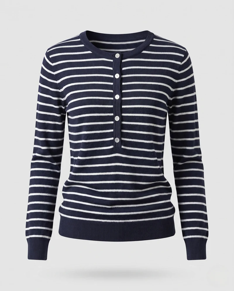 Damen Gestreifter Henley-Feinstrickpullover mit Knopfleiste Nord Taschen