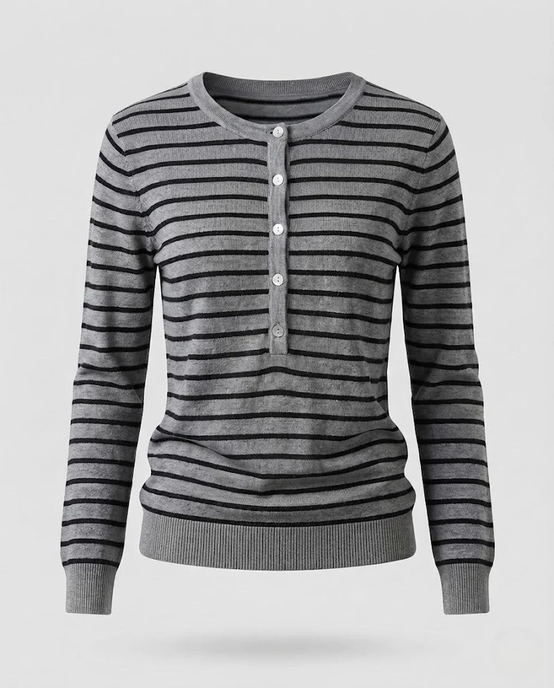 Damen Gestreifter Henley-Feinstrickpullover mit Knopfleiste Nord Taschen