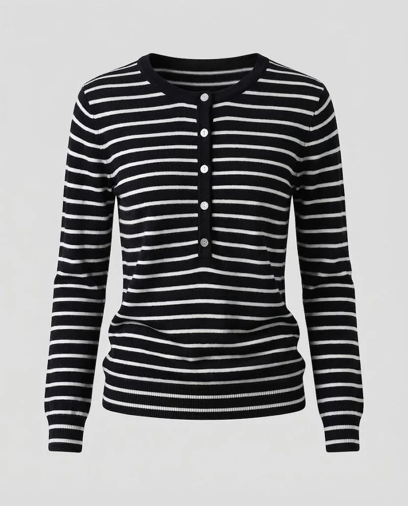 Damen Gestreifter Henley-Feinstrickpullover mit Knopfleiste Nord Taschen