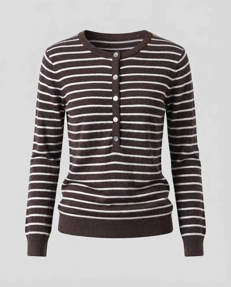 Damen Gestreifter Henley-Feinstrickpullover mit Knopfleiste Nord Taschen