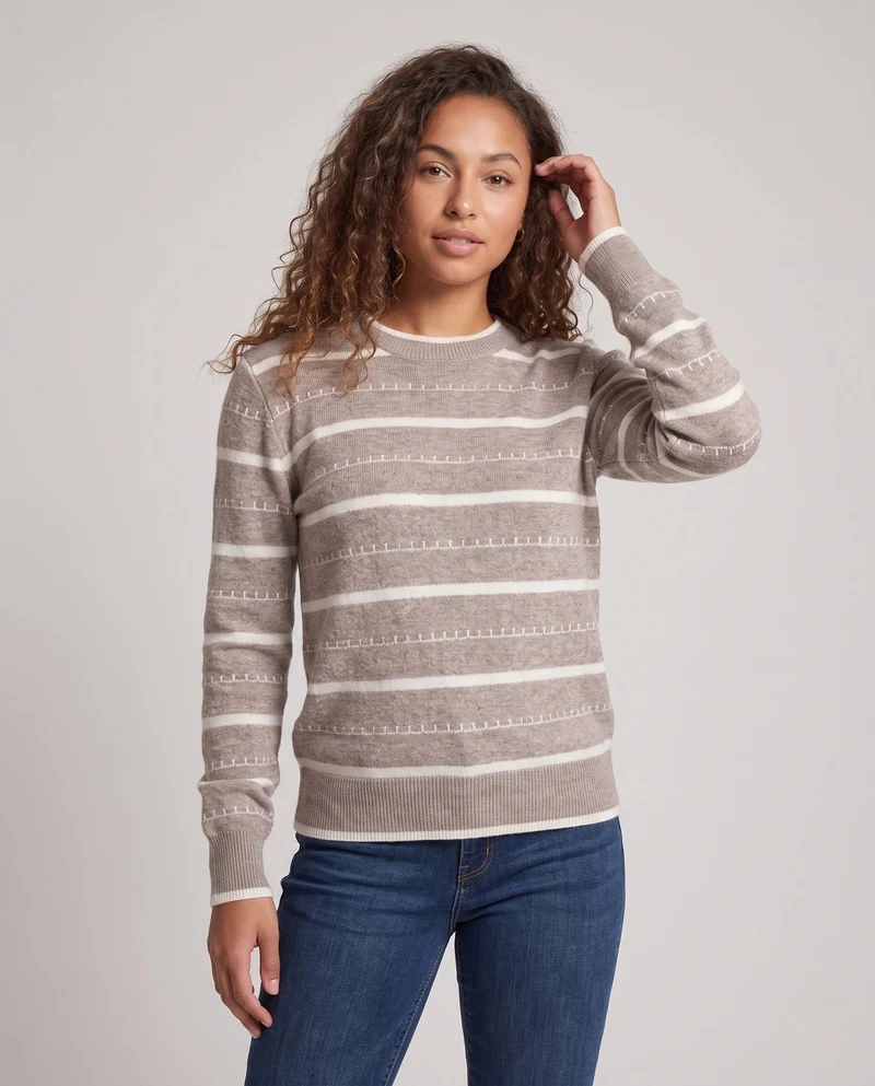 Damen Gestreifter Feinstrickpullover mit Ziernaht und Rundhalsausschnitt Nord Taschen