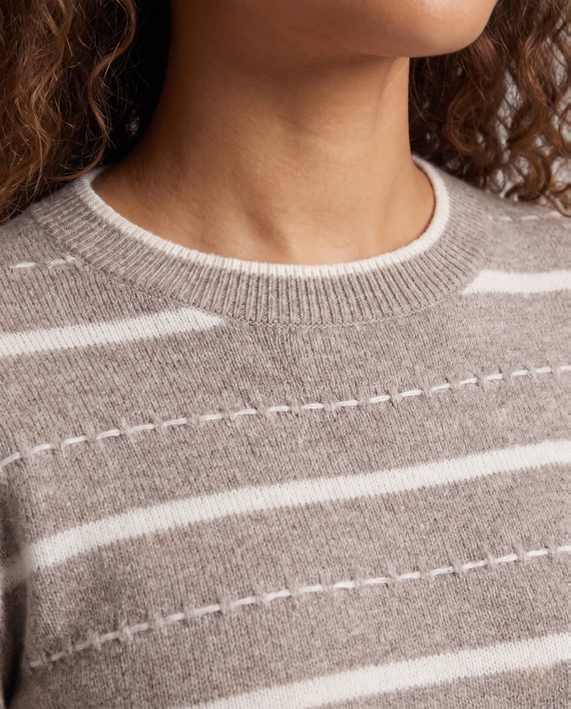Damen Gestreifter Feinstrickpullover mit Ziernaht und Rundhalsausschnitt Nord Taschen