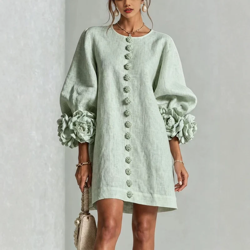 Damen Midikleid mit voluminösen Puffärmeln, 3D-Blütenknopfleiste und Leinenstruktur Nord Taschen