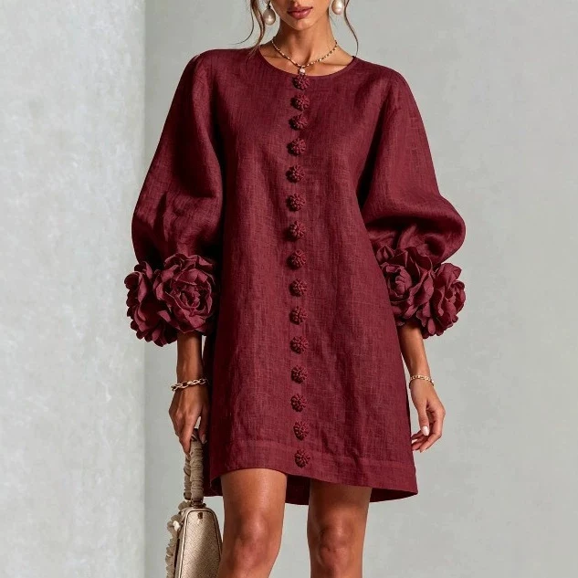 Damen Midikleid mit voluminösen Puffärmeln, 3D-Blütenknopfleiste und Leinenstruktur Nord Taschen
