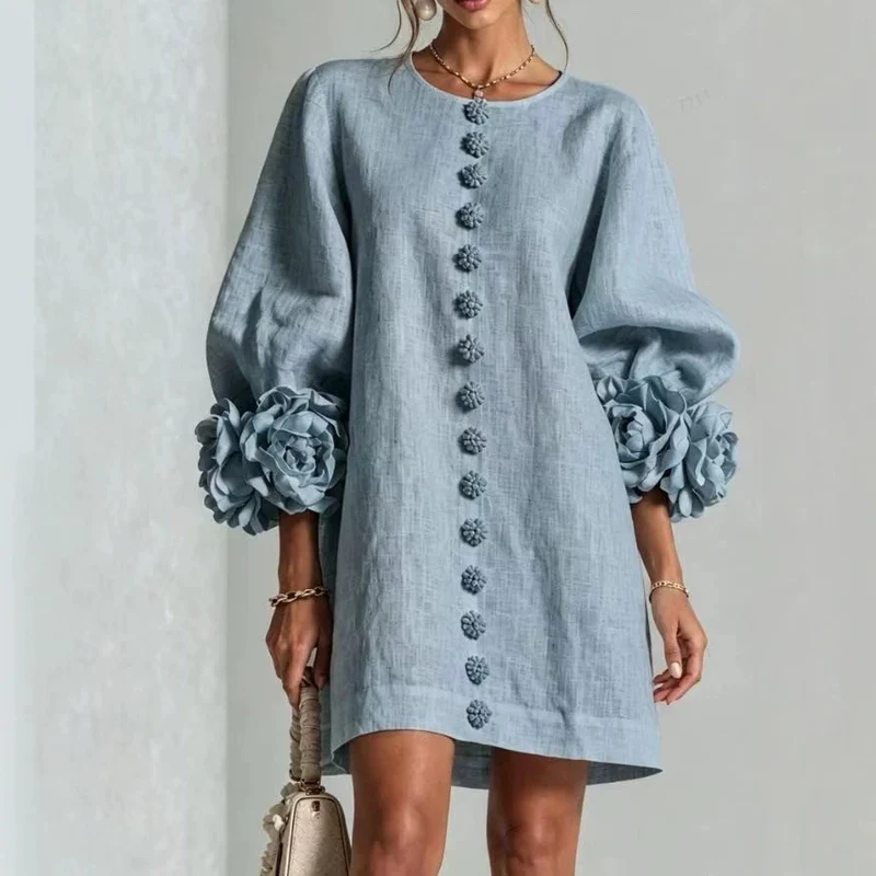Damen Midikleid mit voluminösen Puffärmeln, 3D-Blütenknopfleiste und Leinenstruktur Nord Taschen