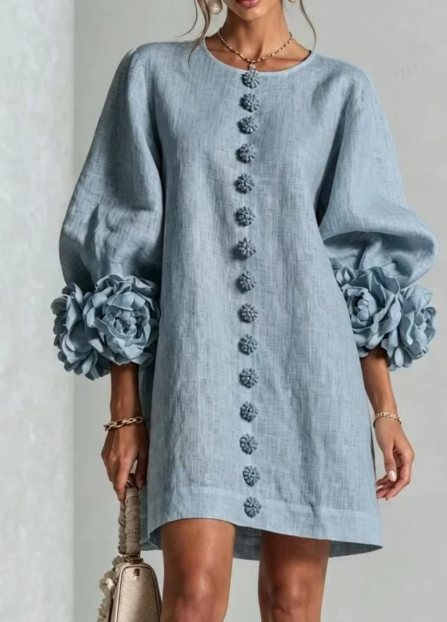 Damen Midikleid mit voluminösen Puffärmeln, 3D-Blütenknopfleiste und Leinenstruktur Nord Taschen