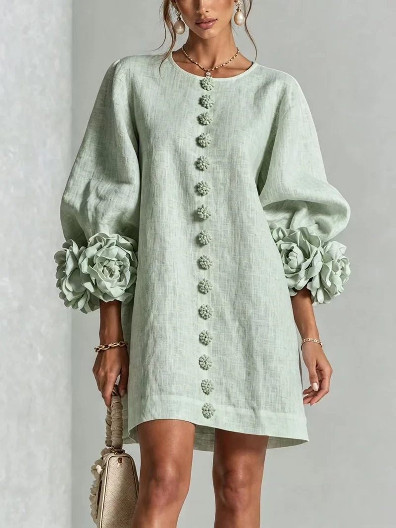 Damen Midikleid mit voluminösen Puffärmeln, 3D-Blütenknopfleiste und Leinenstruktur Nord Taschen