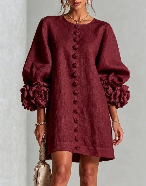 Damen Midikleid mit voluminösen Puffärmeln, 3D-Blütenknopfleiste und Leinenstruktur Nord Taschen