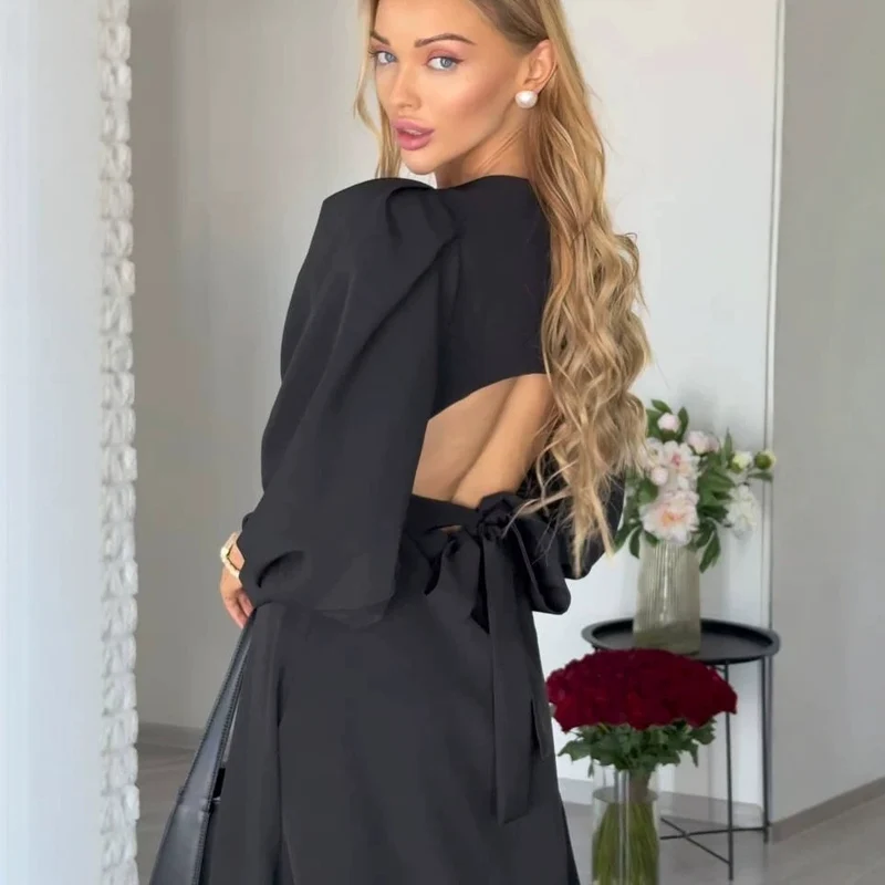 Damen Midikleid mit offenem Rückenausschnitt, voluminösen Puffärmeln und Bindegürtel Nord Taschen