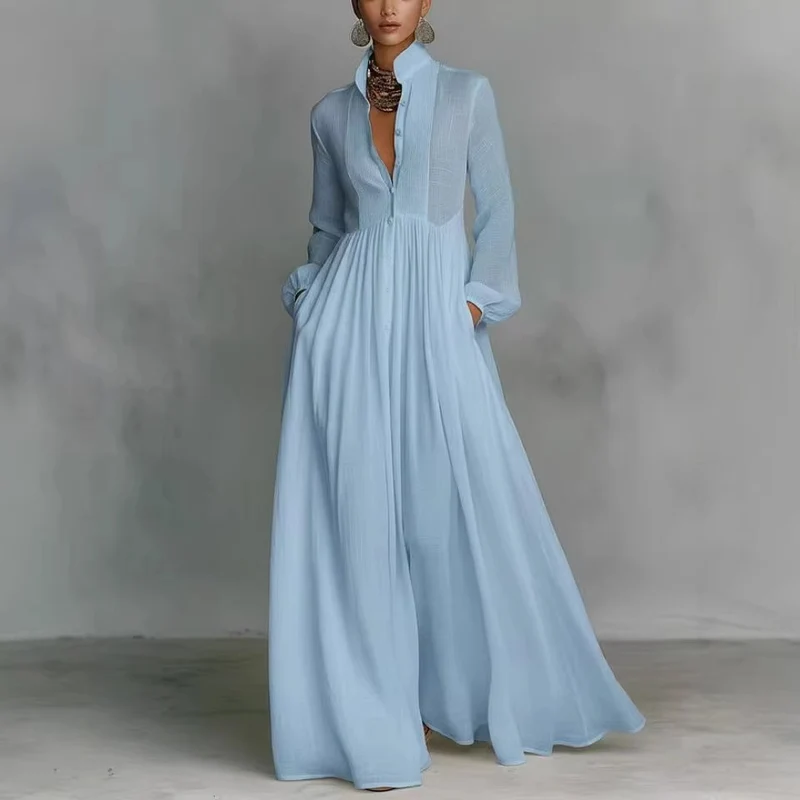 Damen Maxikleid mit Stehkragen, Knopfleiste und seitlichen Taschen Nord Taschen