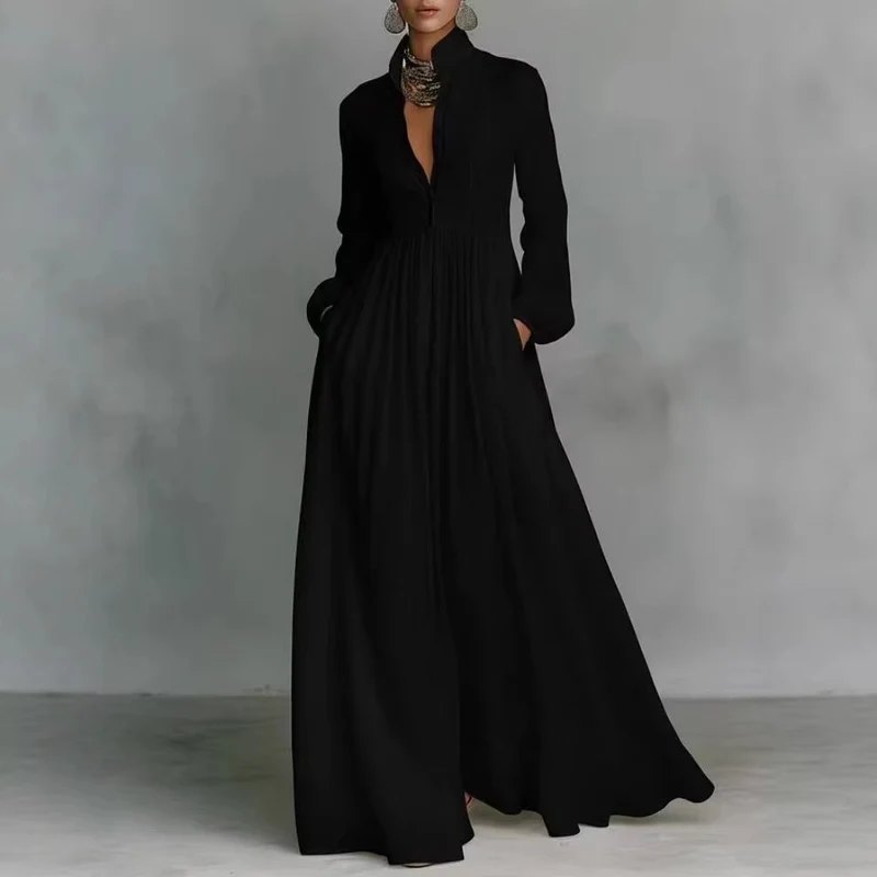 Damen Maxikleid mit Stehkragen, Knopfleiste und seitlichen Taschen Nord Taschen