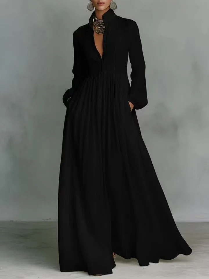 Damen Maxikleid mit Stehkragen, Knopfleiste und seitlichen Taschen Nord Taschen