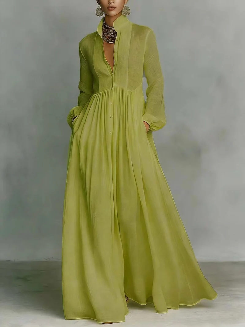 Damen Maxikleid mit Stehkragen, Knopfleiste und seitlichen Taschen Nord Taschen