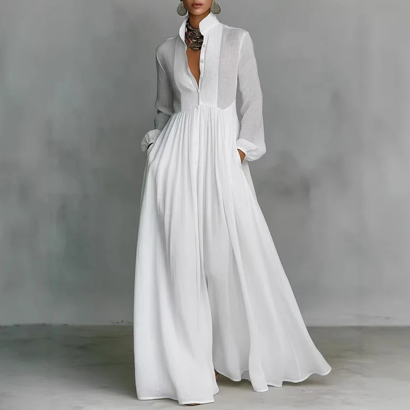 Damen Maxikleid mit Stehkragen, Knopfleiste und seitlichen Taschen Nord Taschen
