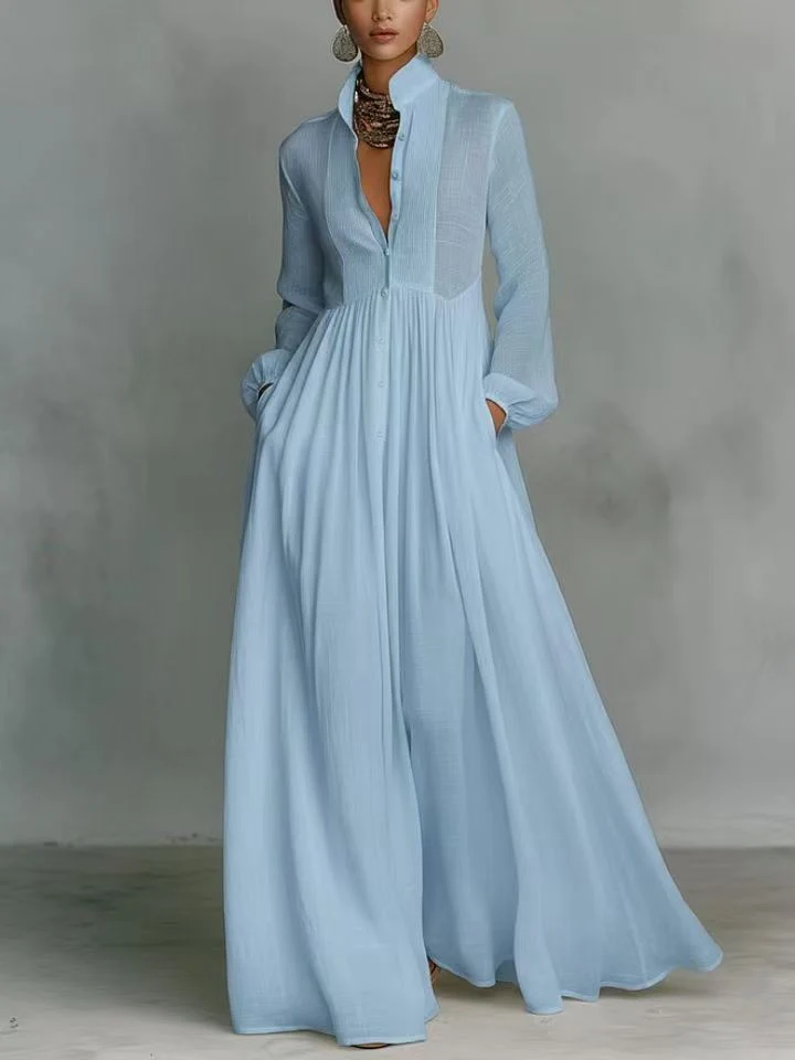 Damen Maxikleid mit Stehkragen, Knopfleiste und seitlichen Taschen Nord Taschen