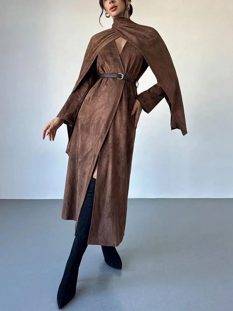 Damen Mantel mit Cape-Overlay und Wickelkragen aus Velourslederoptik Nord Taschen