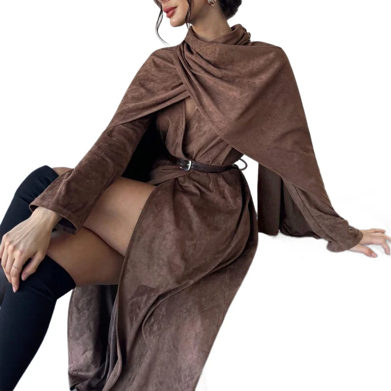 Damen Mantel mit Cape-Overlay und Wickelkragen aus Velourslederoptik Nord Taschen