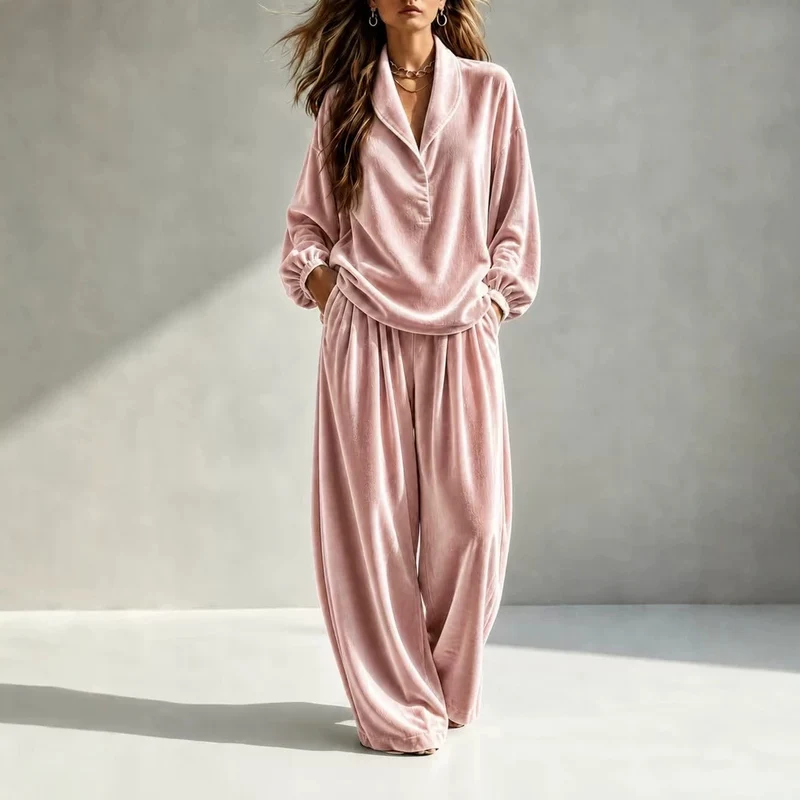 Damen Luxuriöses Velours-Loungewear-Set mit Schalkragen und weiter Palazzo-Hose Nord Taschen