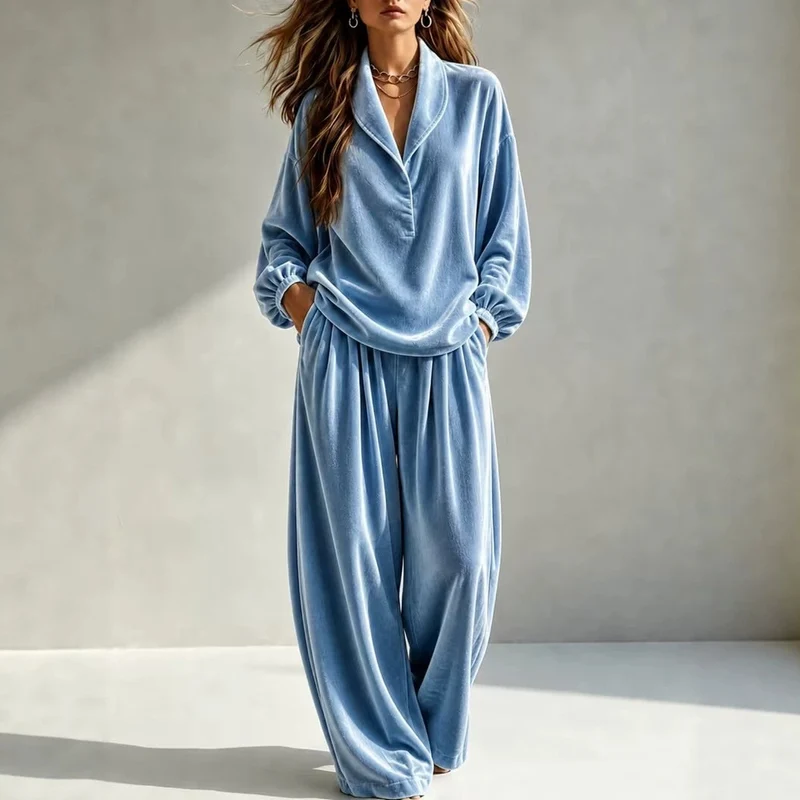 Damen Luxuriöses Velours-Loungewear-Set mit Schalkragen und weiter Palazzo-Hose Nord Taschen