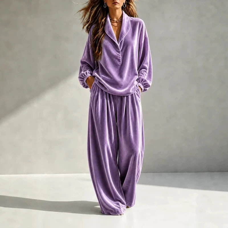 Damen Luxuriöses Velours-Loungewear-Set mit Schalkragen und weiter Palazzo-Hose Nord Taschen