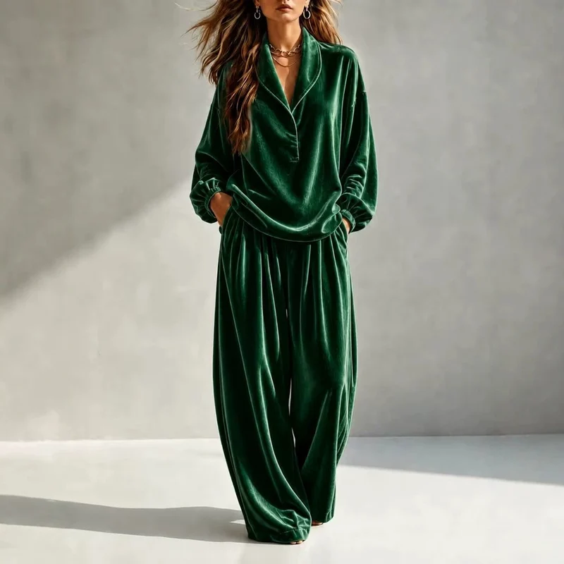Damen Luxuriöses Velours-Loungewear-Set mit Schalkragen und weiter Palazzo-Hose Nord Taschen