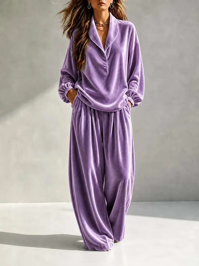 Damen Luxuriöses Velours-Loungewear-Set mit Schalkragen und weiter Palazzo-Hose Nord Taschen