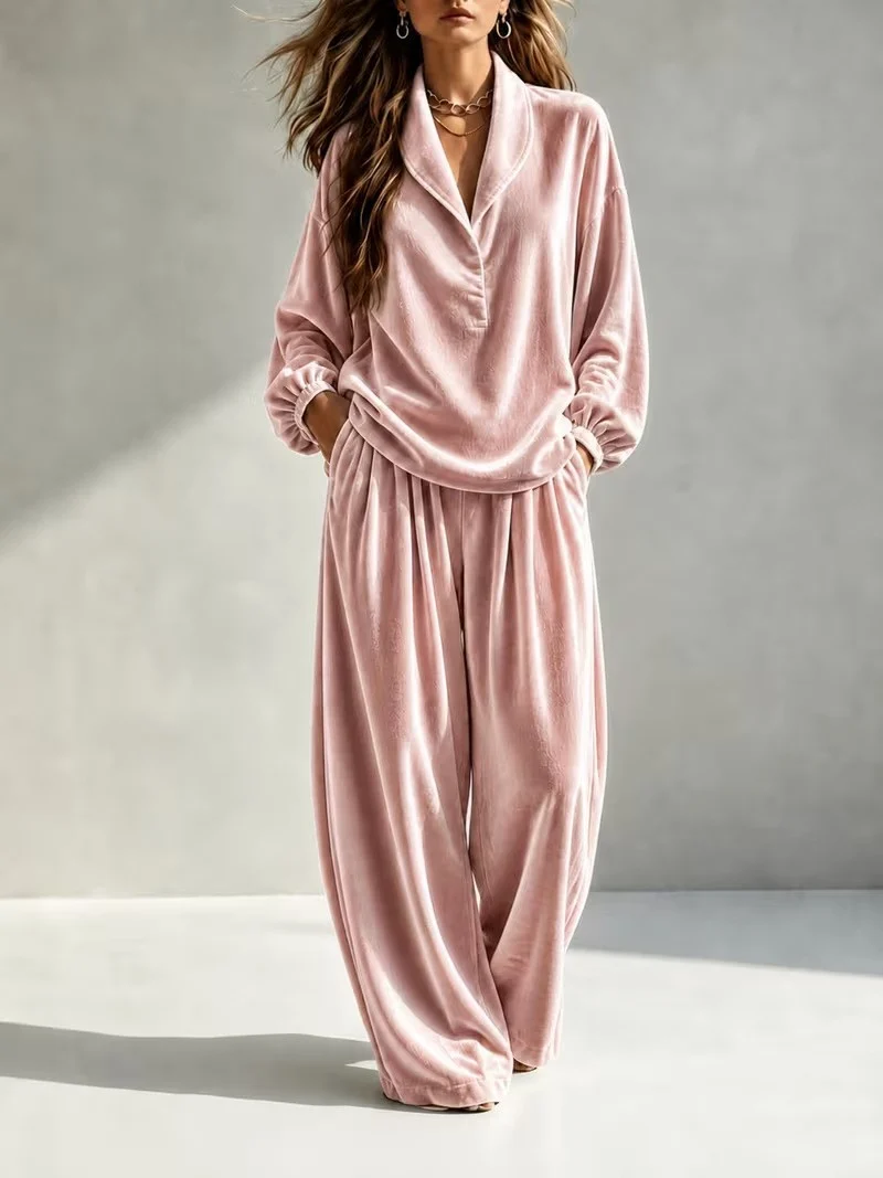 Damen Luxuriöses Velours-Loungewear-Set mit Schalkragen und weiter Palazzo-Hose Nord Taschen