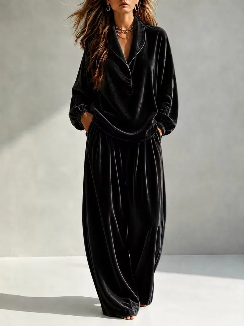 Damen Luxuriöses Velours-Loungewear-Set mit Schalkragen und weiter Palazzo-Hose Nord Taschen