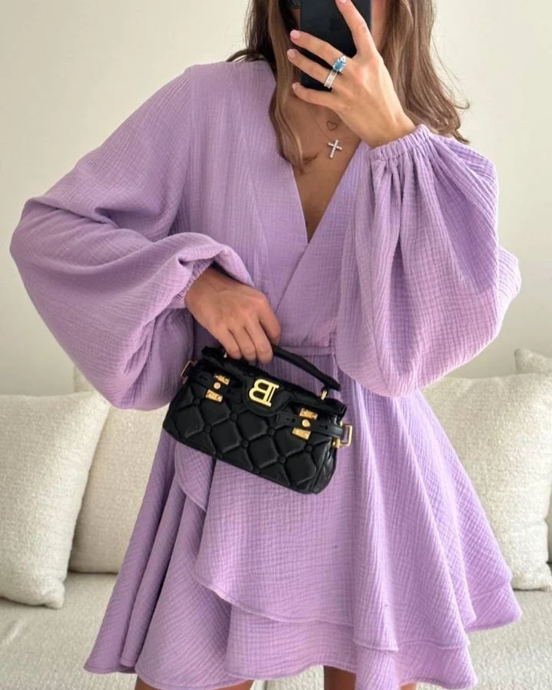 Damen Luftiges Wickelkleid mit Volantstufen und Ballonärmeln Nord Taschen