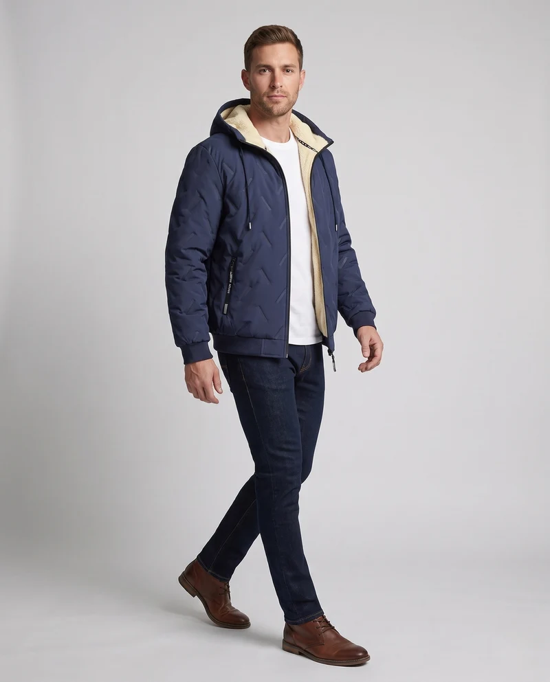 Herren Wattierte Kapuzenjacke mit Teddyfutter, Thermoisolierung & geripptem Abschluss Nord Taschen