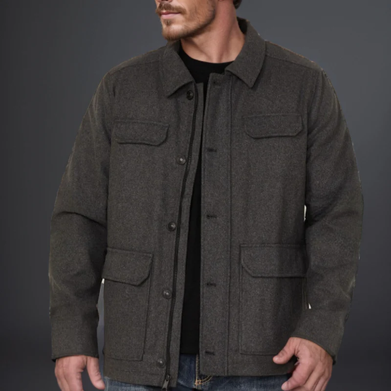 Herren Woll-Fieldjacke mit vier Pattentaschen und Hemdkragen Nord Taschen