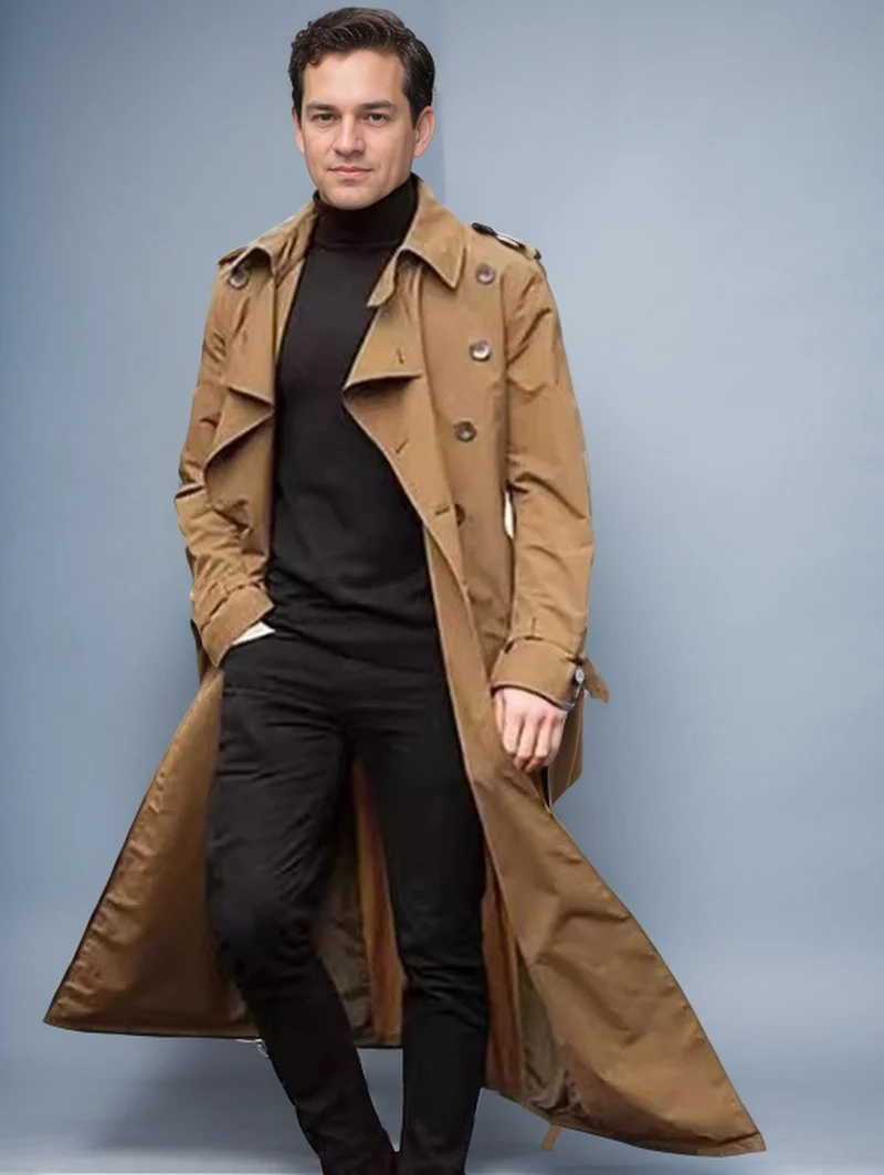 Herren Wasserabweisender Long-Trenchcoat mit doppelter Knopfleiste, Schulterklappen und verstellbarem Taillengürtel Nord Taschen