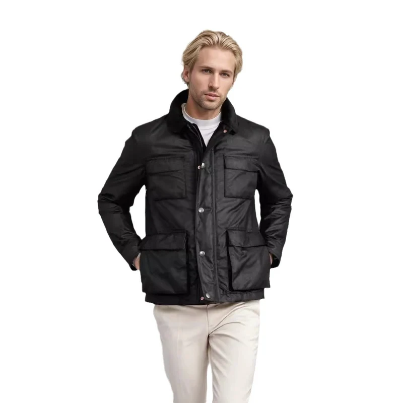Herren Wachsjacke im Field-Stil mit Cordkragen und Mehrfachtaschen Nord Taschen