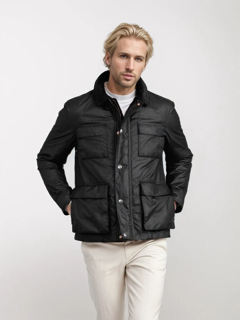 Herren Wachsjacke im Field-Stil mit Cordkragen und Mehrfachtaschen Nord Taschen