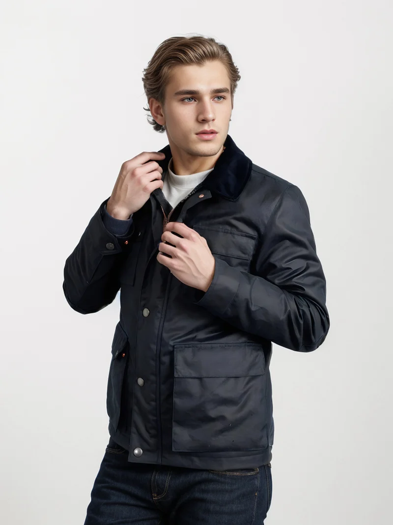 Herren Wachsjacke im Field-Stil mit Cordkragen und Mehrfachtaschen Nord Taschen