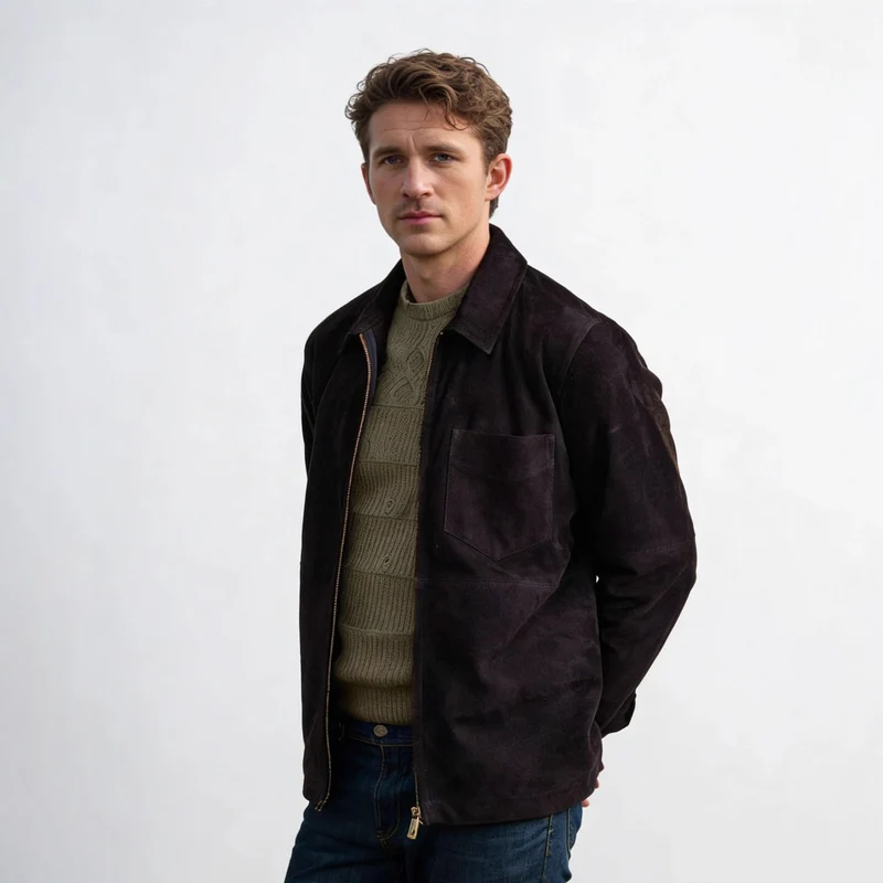 Herren Velourslederjacke mit Reißverschluss und Hemdkragen Nord Taschen