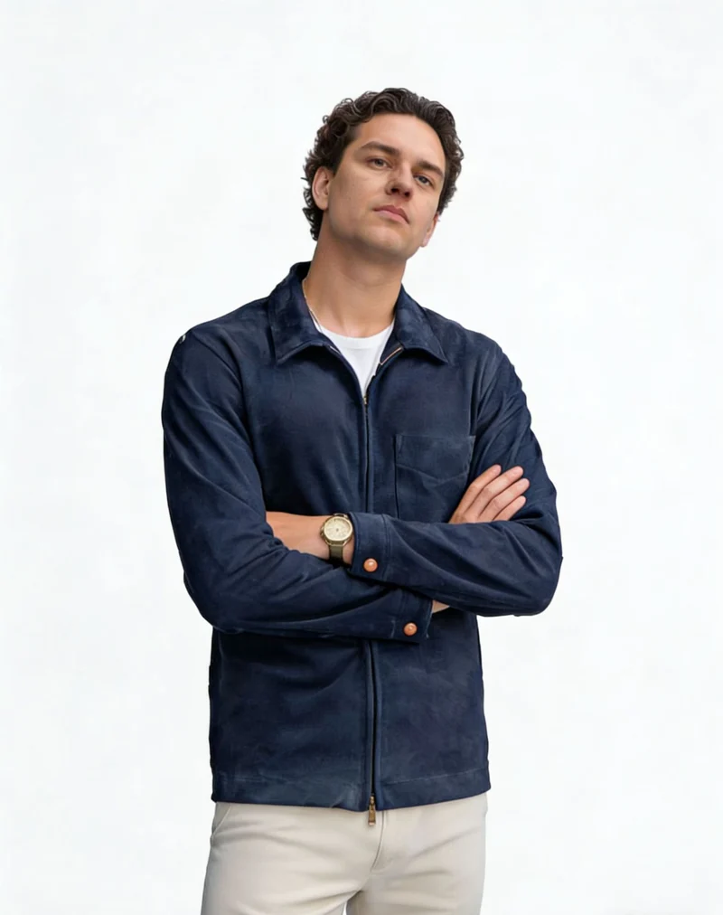 Herren Velourslederjacke mit Reißverschluss und Hemdkragen Nord Taschen