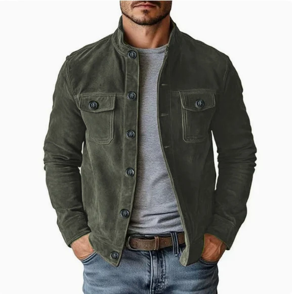 Herren Veloursleder-Fieldjacke mit Stehkragen, Pattentaschen und figurbetonter Schnitt Nord Taschen
