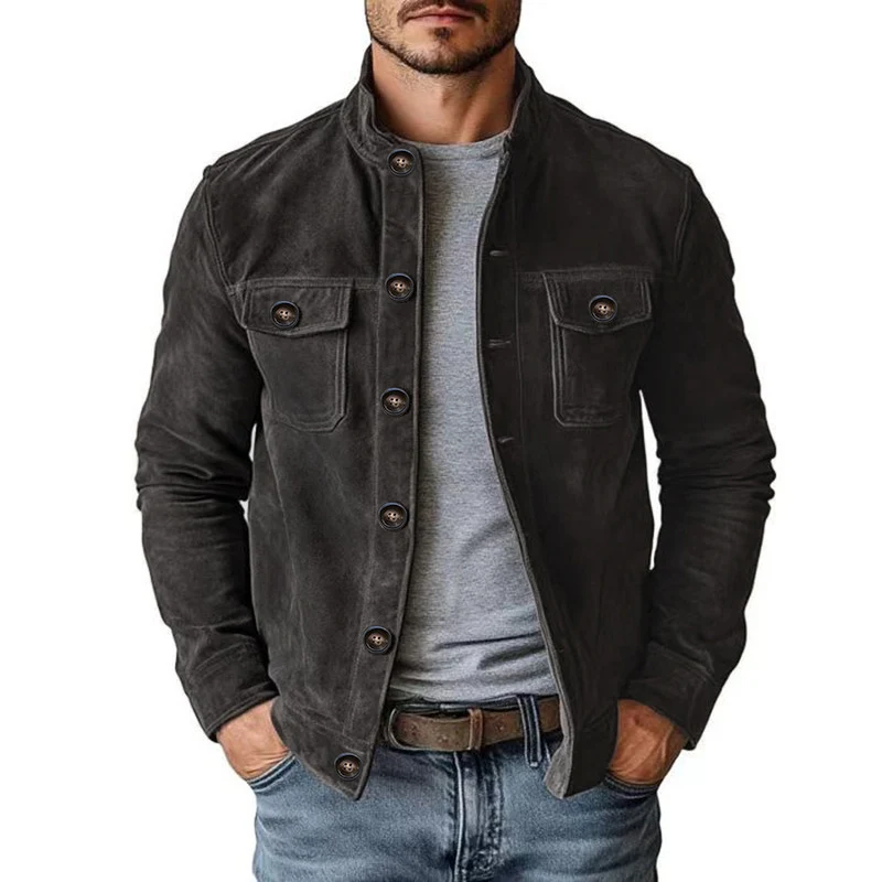 Herren Veloursleder-Fieldjacke mit Stehkragen, Pattentaschen und figurbetonter Schnitt Nord Taschen