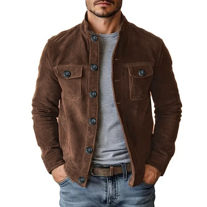 Herren Veloursleder-Fieldjacke mit Stehkragen, Pattentaschen und figurbetonter Schnitt Nord Taschen