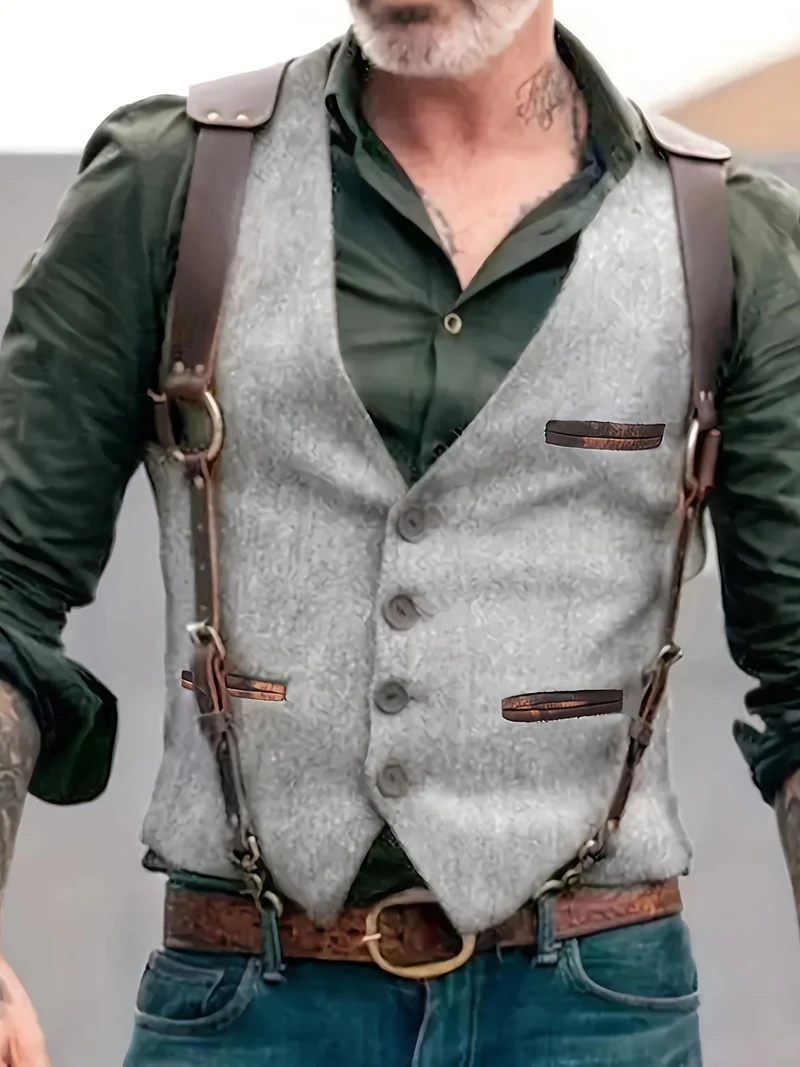 Herren Tweed‑Weste mit Lederträgern und Vintage‑Details Nord Taschen